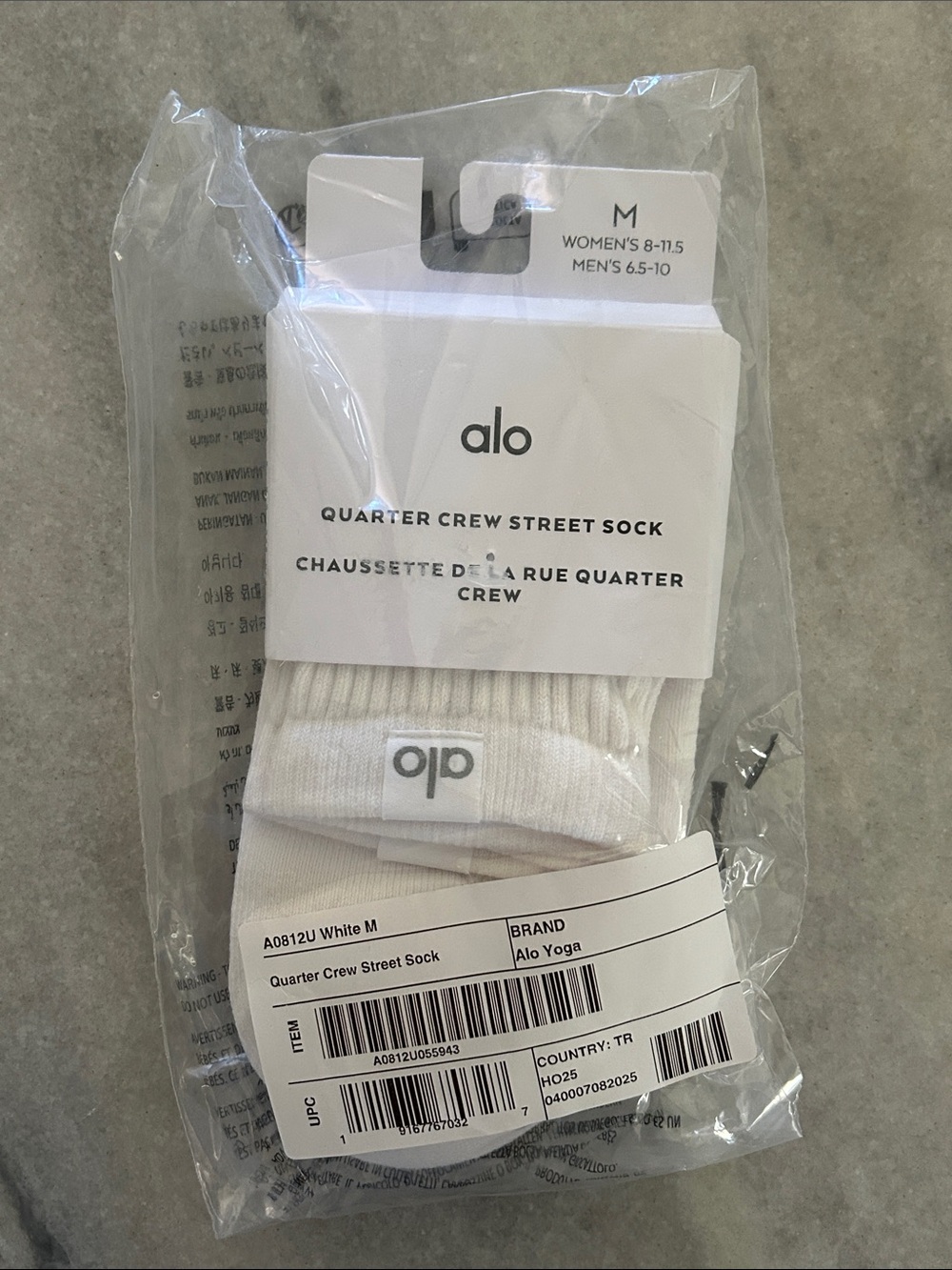 NWT alo Quarter Crew Street Sock White Womens sz 8-11.5 Mens sz 6.5-10 (1 pr)